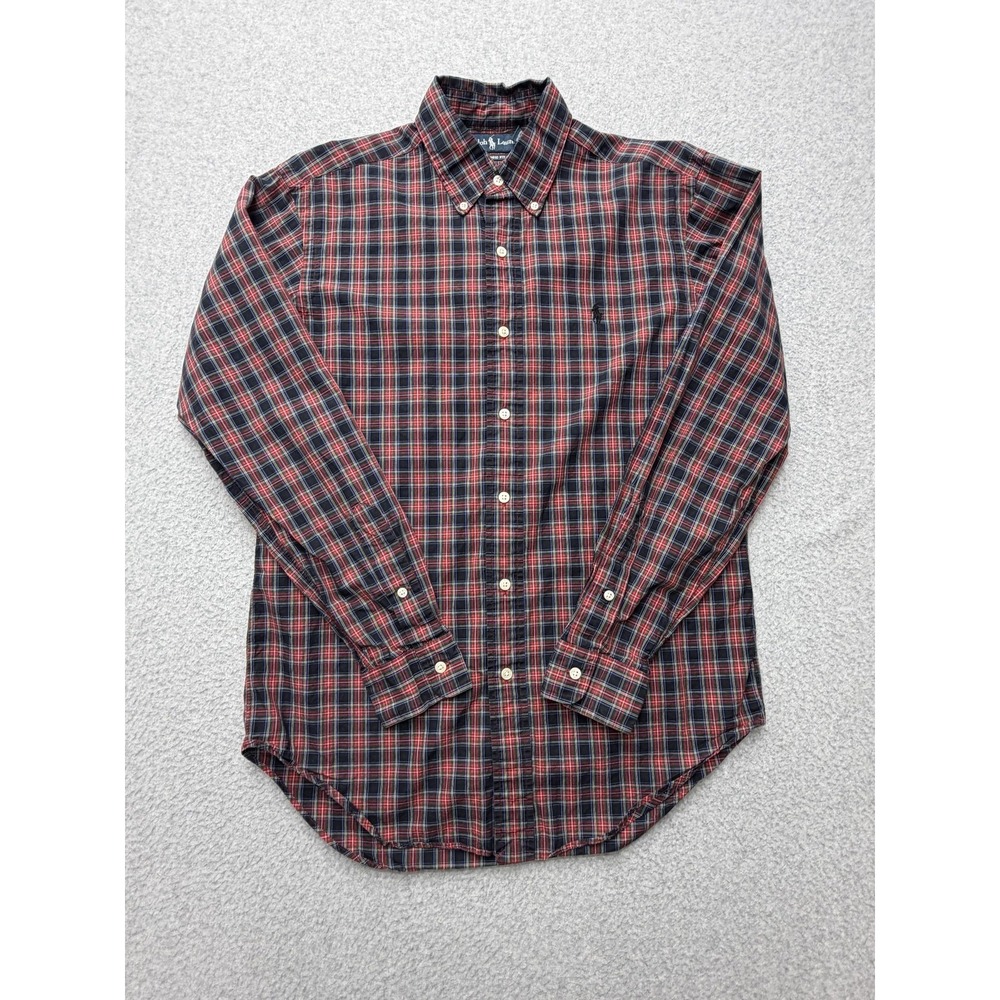 Ralph Lauren Mens Small Red Navy Plaid Long Sleeve Button Down Classic Fit Shirt